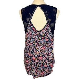 Lucky Brand Linen Blend Floral Top Large Boho V-Neck Lace Shoulder Keyhole Back